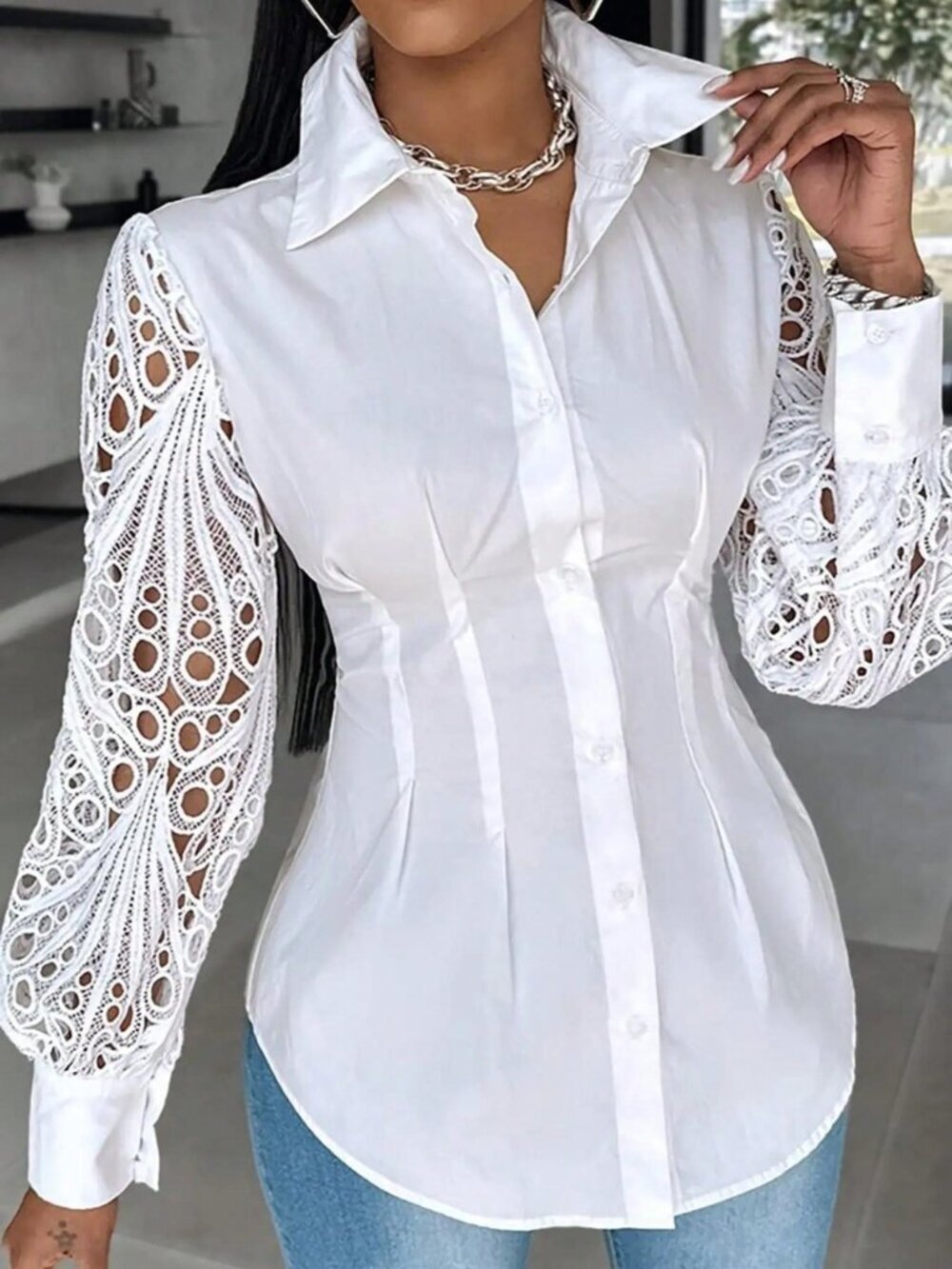 White Elegant Women's Plus Lace Hollow Sleeve Collar Shirt